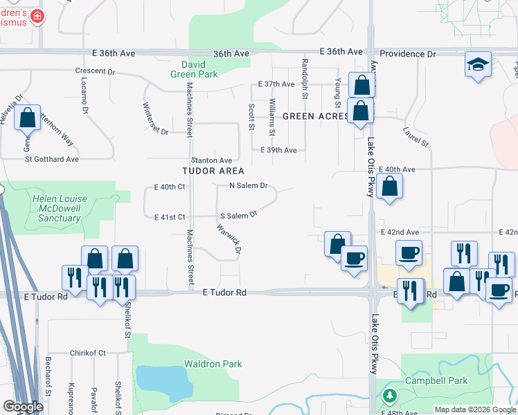 map of restaurants, bars, coffee shops, grocery stores, and more near 1913 South Salem Drive in Anchorage