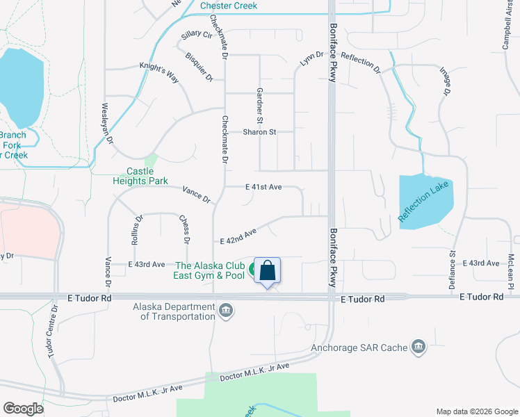 map of restaurants, bars, coffee shops, grocery stores, and more near 4127 Vista Court in Anchorage