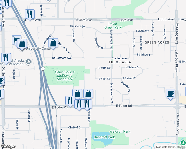 map of restaurants, bars, coffee shops, grocery stores, and more near 4100 Allan Place in Anchorage