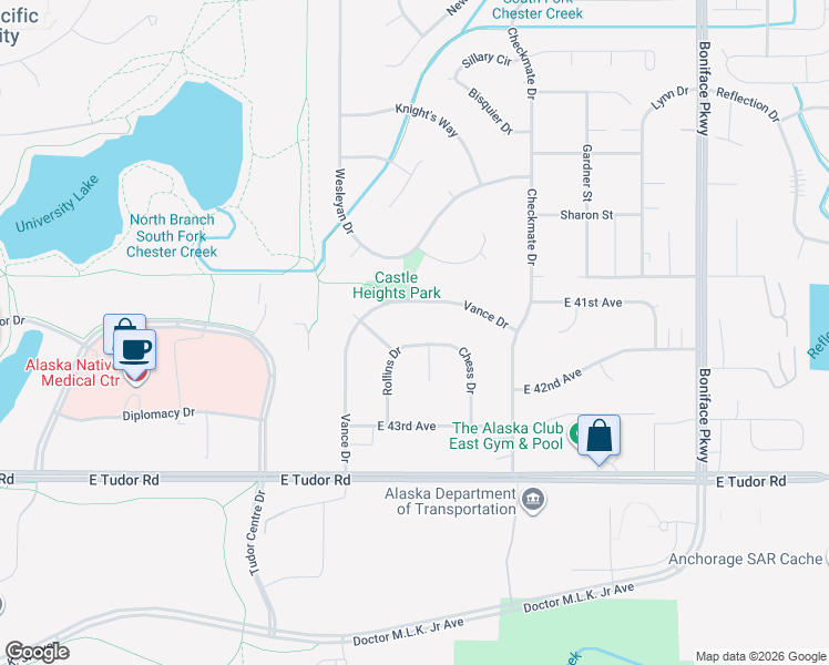 map of restaurants, bars, coffee shops, grocery stores, and more near 4913 Rollins Drive in Anchorage