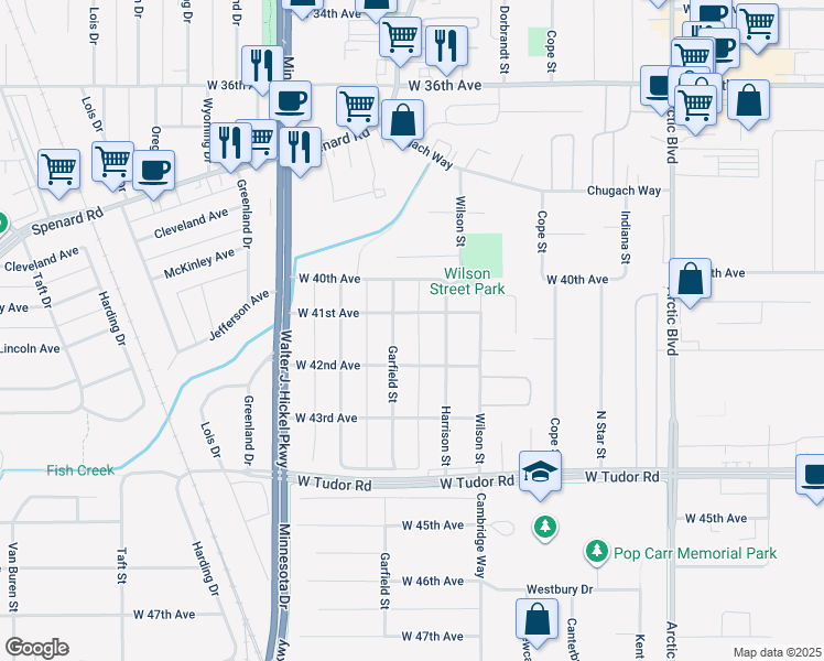 map of restaurants, bars, coffee shops, grocery stores, and more near 4103 Garfield Street in Anchorage