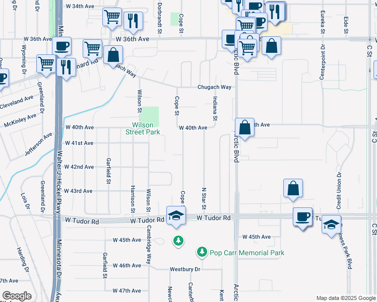 map of restaurants, bars, coffee shops, grocery stores, and more near 4109 Cope Street in Anchorage