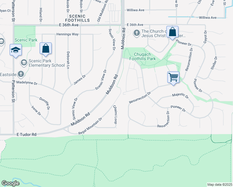 map of restaurants, bars, coffee shops, grocery stores, and more near 7825 Regal Mountain Circle in Anchorage