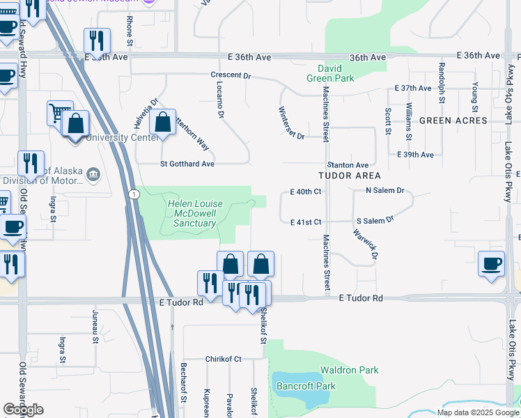 map of restaurants, bars, coffee shops, grocery stores, and more near 4100 Allan Place in Anchorage
