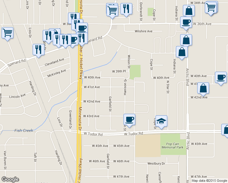 map of restaurants, bars, coffee shops, grocery stores, and more near 4103 Garfield Street in Anchorage