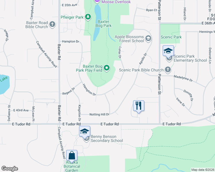 map of restaurants, bars, coffee shops, grocery stores, and more near 6711 Lunar Drive in Anchorage