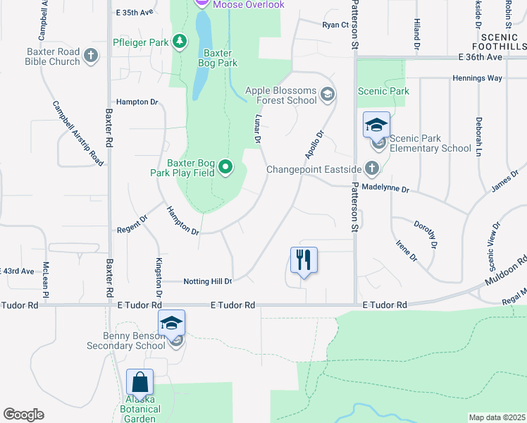 map of restaurants, bars, coffee shops, grocery stores, and more near 6754 Lunar Drive in Anchorage