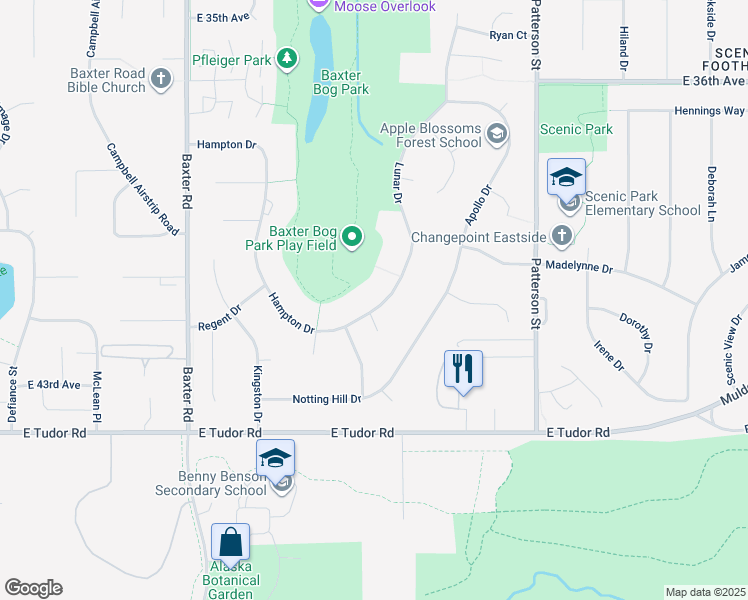 map of restaurants, bars, coffee shops, grocery stores, and more near 6711 Lunar Drive in Anchorage