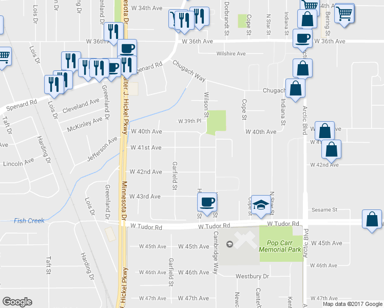 map of restaurants, bars, coffee shops, grocery stores, and more near 4102 Harrison St in Anchorage
