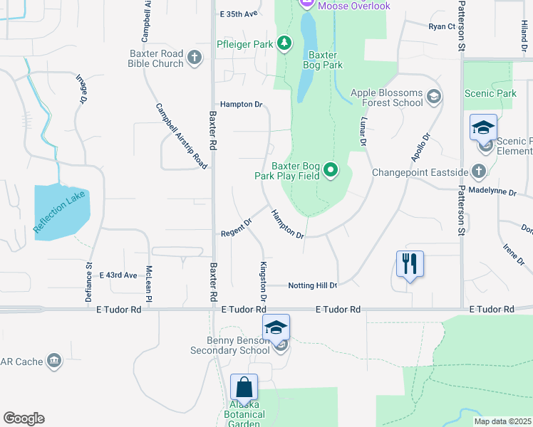 map of restaurants, bars, coffee shops, grocery stores, and more near 6432 Regent Drive in Anchorage