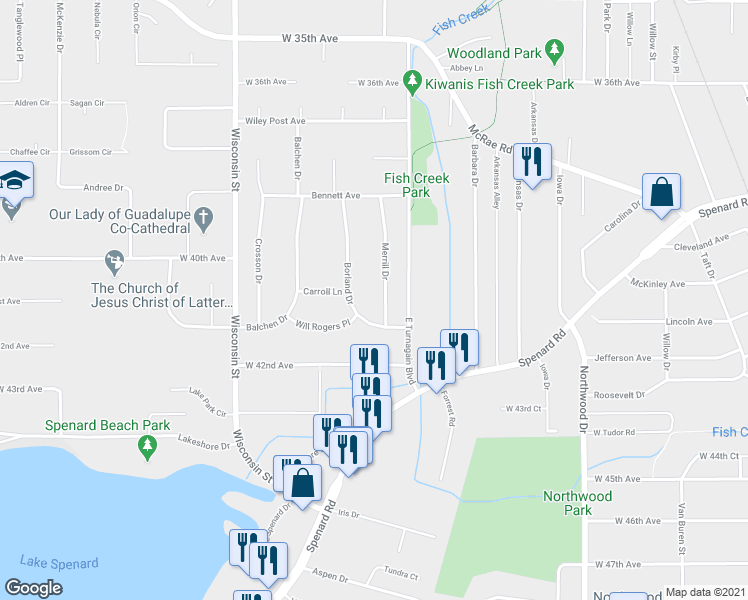 map of restaurants, bars, coffee shops, grocery stores, and more near 4004 Merrill Dr in Anchorage