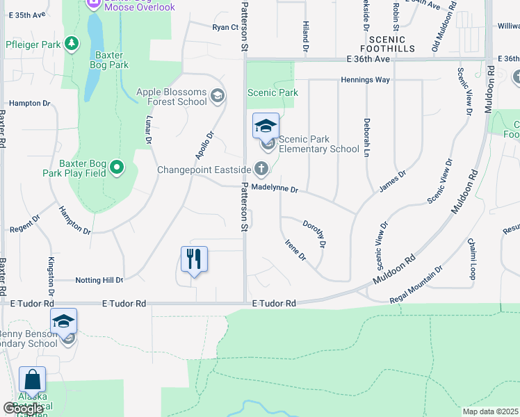 map of restaurants, bars, coffee shops, grocery stores, and more near 4121 Patterson Court in Anchorage