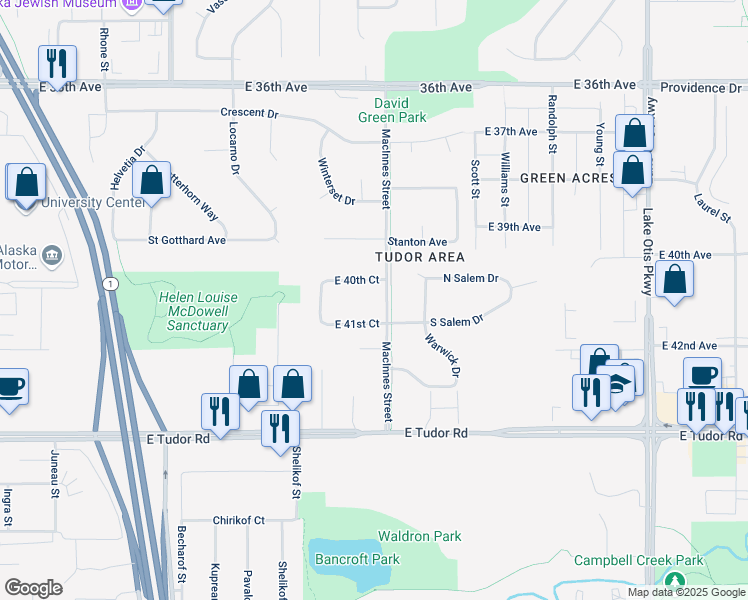 map of restaurants, bars, coffee shops, grocery stores, and more near 4012 MacInnes Street in Anchorage