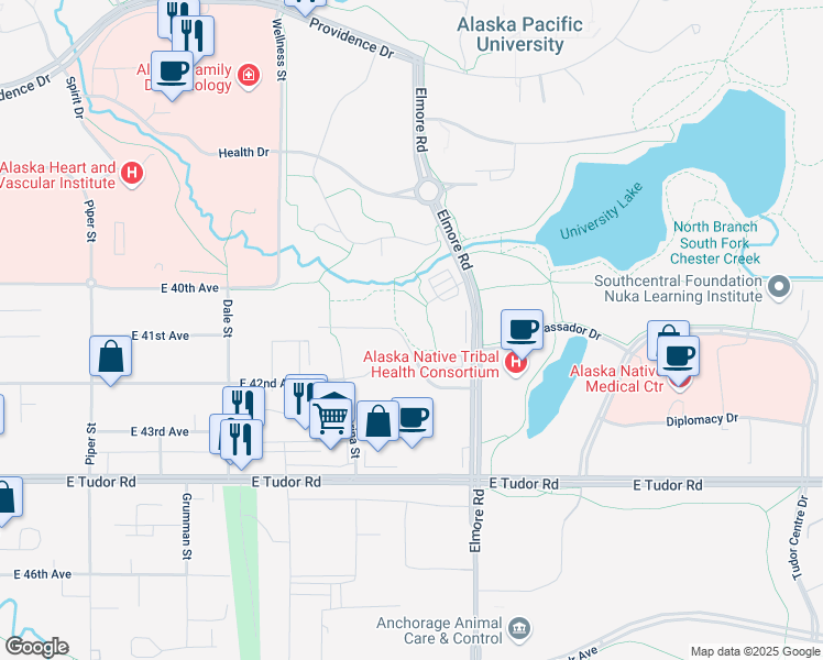 map of restaurants, bars, coffee shops, grocery stores, and more near 3701 University of Alaska Anchorage Trail in Anchorage