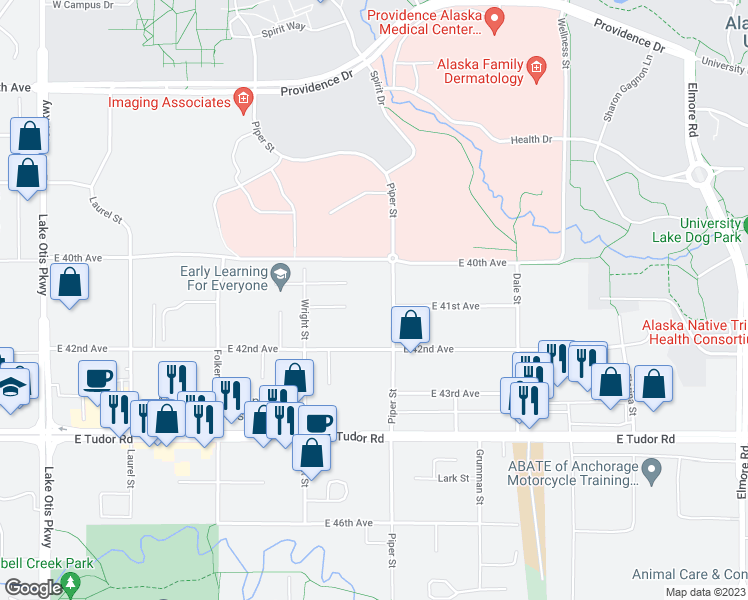 map of restaurants, bars, coffee shops, grocery stores, and more near 4010 Piper Street in Anchorage