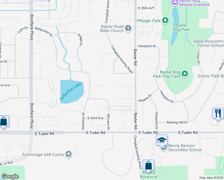 map of restaurants, bars, coffee shops, grocery stores, and more near 6050 Longoria Circle in Anchorage