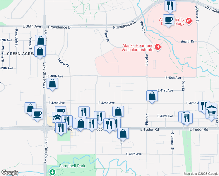 map of restaurants, bars, coffee shops, grocery stores, and more near 2800 Kimberlie Court in Anchorage