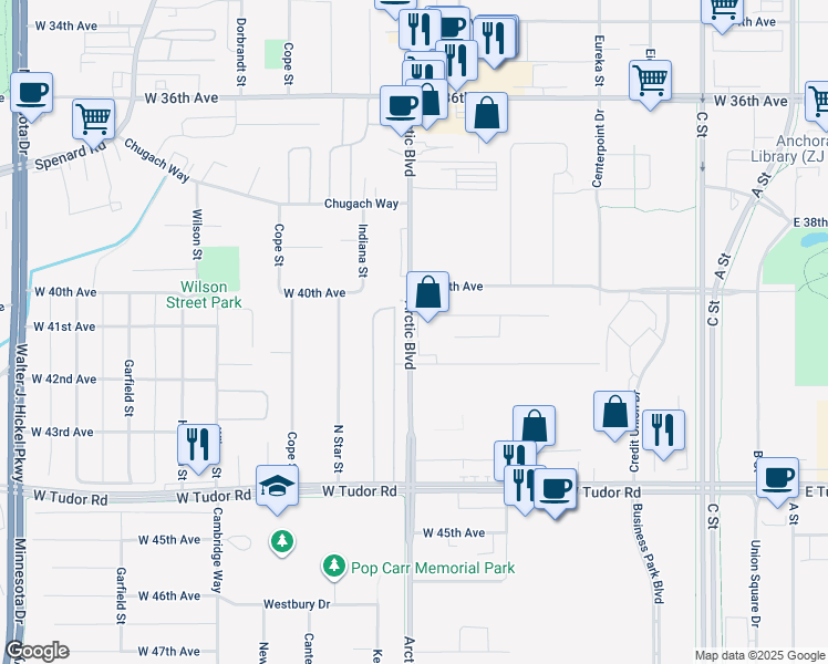 map of restaurants, bars, coffee shops, grocery stores, and more near 4000-4098 Arctic Blvd in Anchorage