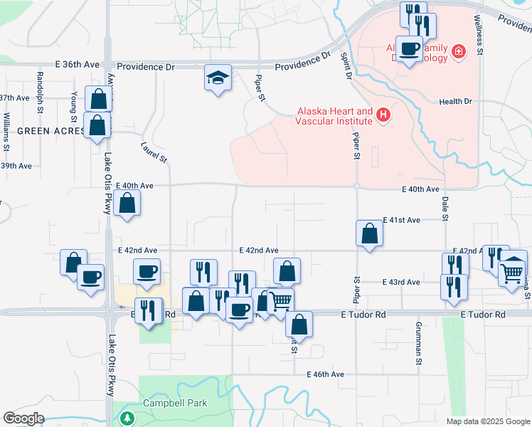 map of restaurants, bars, coffee shops, grocery stores, and more near 2800 Kimberlie Ct in Anchorage