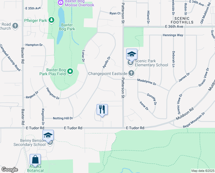 map of restaurants, bars, coffee shops, grocery stores, and more near 6935 Gemini Drive in Anchorage