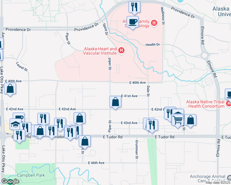 map of restaurants, bars, coffee shops, grocery stores, and more near 3111 East 41st Avenue in Anchorage