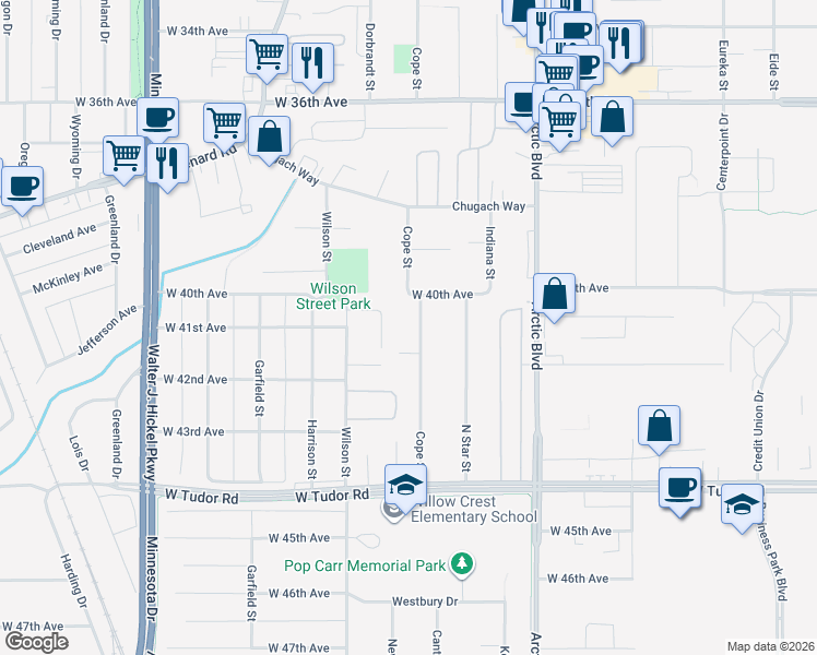 map of restaurants, bars, coffee shops, grocery stores, and more near 4109 Cope Street in Anchorage