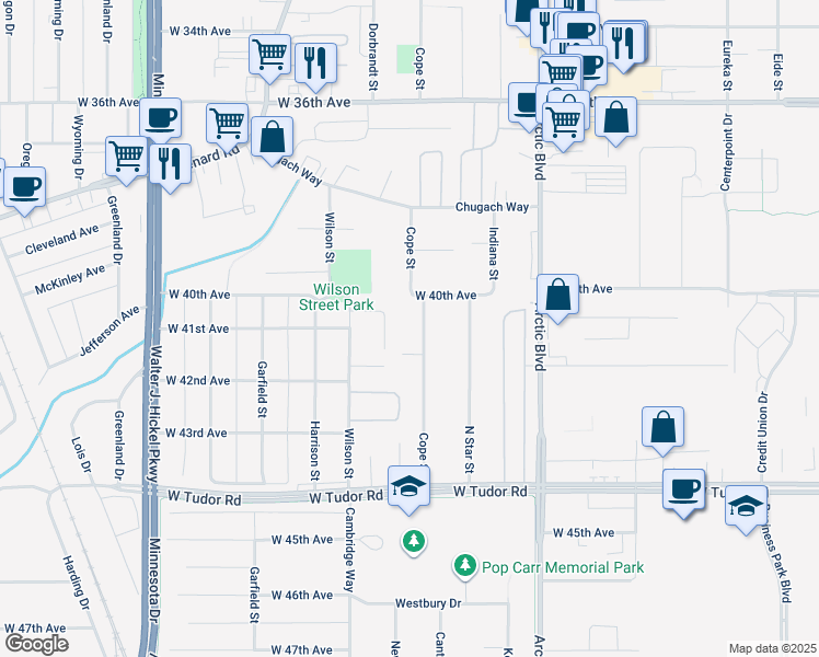 map of restaurants, bars, coffee shops, grocery stores, and more near 4109 Cope Street in Anchorage