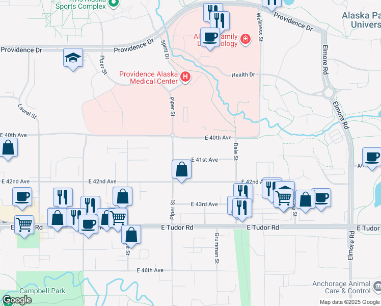 map of restaurants, bars, coffee shops, grocery stores, and more near 3202 East 41st Avenue in Anchorage