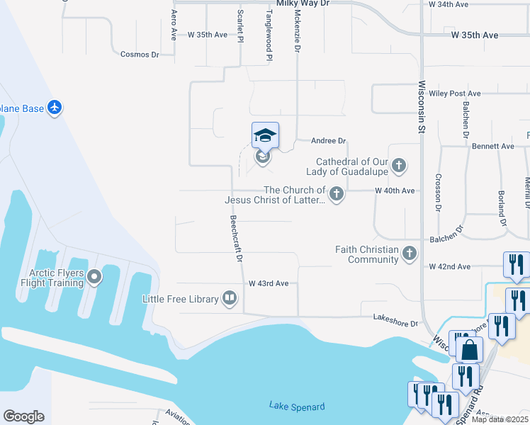 map of restaurants, bars, coffee shops, grocery stores, and more near 3606 West 41st Avenue in Anchorage