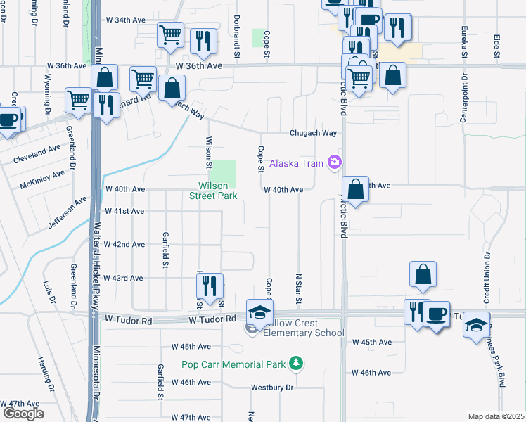 map of restaurants, bars, coffee shops, grocery stores, and more near 4102 Cope Street in Anchorage