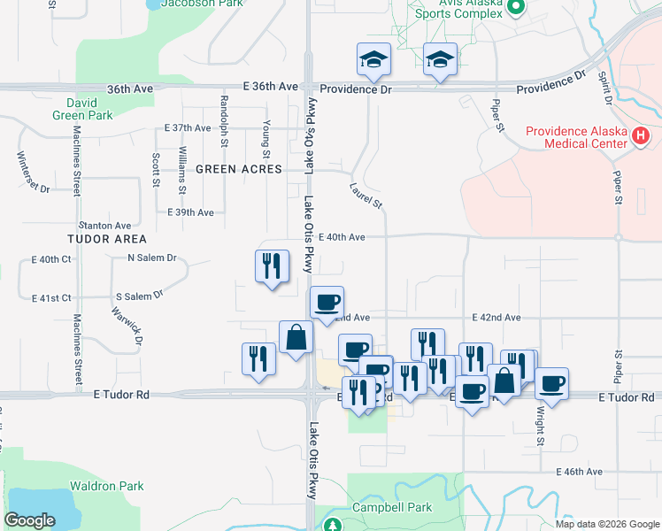 map of restaurants, bars, coffee shops, grocery stores, and more near 4045 Lake Otis Parkway in Anchorage