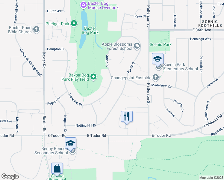 map of restaurants, bars, coffee shops, grocery stores, and more near 6754 Lunar Drive in Anchorage