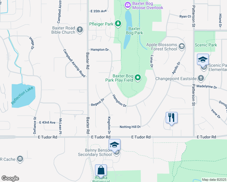 map of restaurants, bars, coffee shops, grocery stores, and more near 6432 Regent Drive in Anchorage