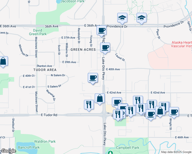map of restaurants, bars, coffee shops, grocery stores, and more near 4050 Lake Otis Parkway in Anchorage