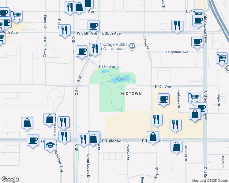 map of restaurants, bars, coffee shops, grocery stores, and more near 201 East 40th Avenue in Anchorage