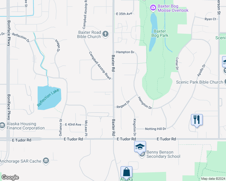 map of restaurants, bars, coffee shops, grocery stores, and more near 4054 Kingston Drive in Anchorage