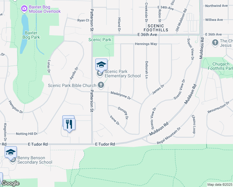 map of restaurants, bars, coffee shops, grocery stores, and more near 7234 Madelynne Drive in Anchorage