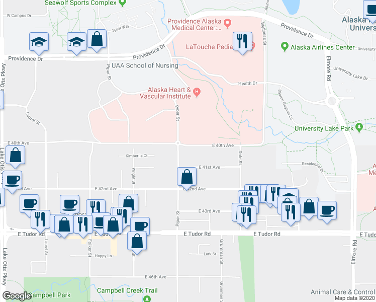 map of restaurants, bars, coffee shops, grocery stores, and more near 3110 East 40th Avenue in Anchorage