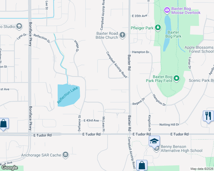 map of restaurants, bars, coffee shops, grocery stores, and more near 3910 Eastwood Court in Anchorage
