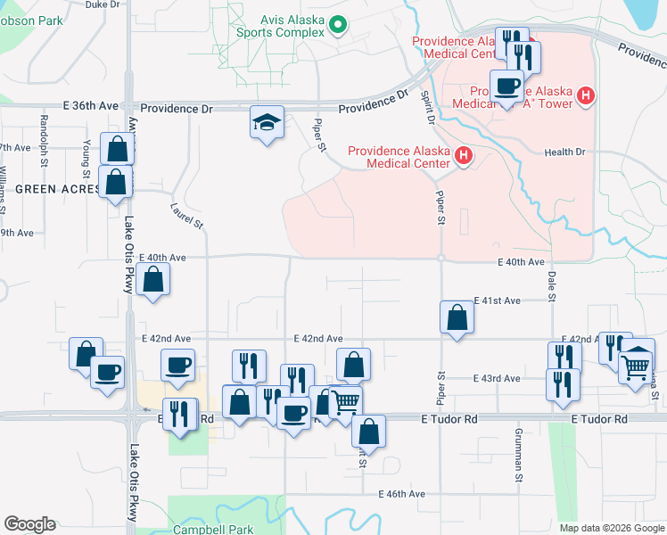 map of restaurants, bars, coffee shops, grocery stores, and more near 3700 Piper Street in Anchorage