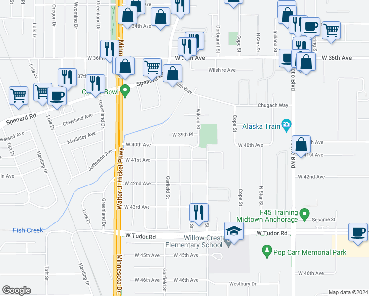 map of restaurants, bars, coffee shops, grocery stores, and more near 1303 West 39th Place in Anchorage
