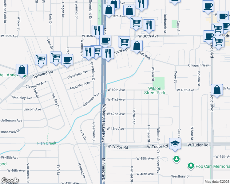 map of restaurants, bars, coffee shops, grocery stores, and more near 3811 Minnesota Drive in Anchorage