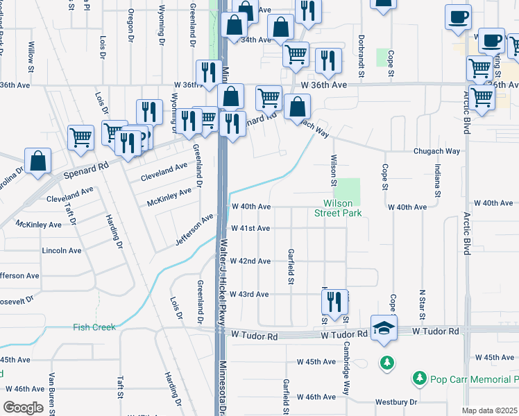 map of restaurants, bars, coffee shops, grocery stores, and more near 3811 Minnesota Drive in Anchorage