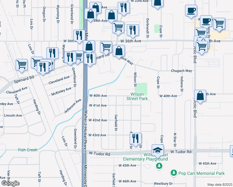 map of restaurants, bars, coffee shops, grocery stores, and more near 1401 West 40th Avenue in Anchorage