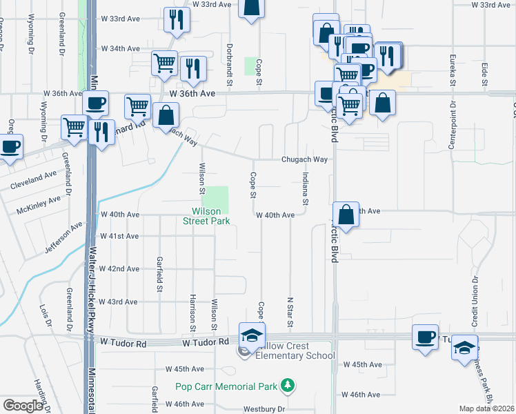 map of restaurants, bars, coffee shops, grocery stores, and more near 1006 West 39th Avenue in Anchorage