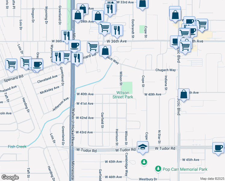 map of restaurants, bars, coffee shops, grocery stores, and more near 1303 West 39th Place in Anchorage