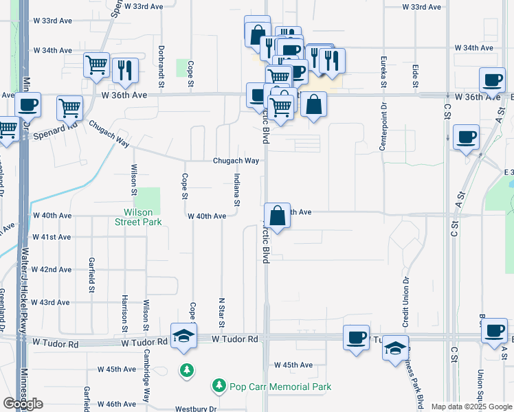 map of restaurants, bars, coffee shops, grocery stores, and more near 3909 Arctic Boulevard in Anchorage
