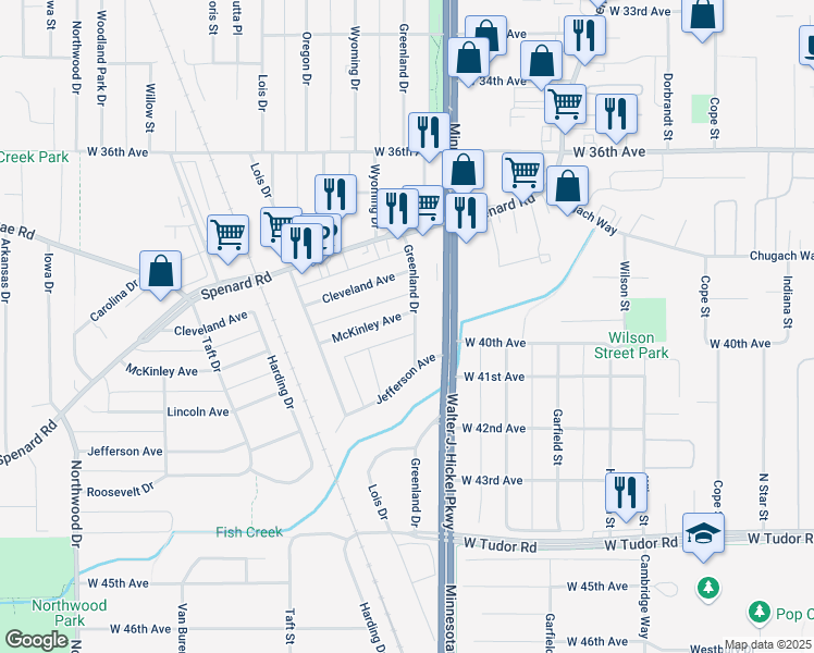 map of restaurants, bars, coffee shops, grocery stores, and more near 3900 Greenland Drive in Anchorage