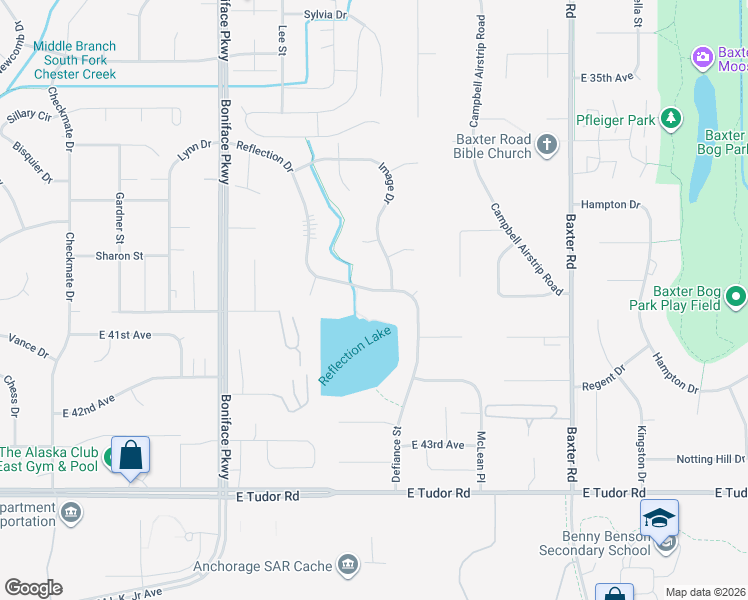 map of restaurants, bars, coffee shops, grocery stores, and more near 3947 Reflection Drive in Anchorage