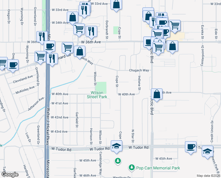 map of restaurants, bars, coffee shops, grocery stores, and more near 3938 Cope Street in Anchorage